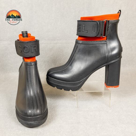 Sorel Medina III Black High Chunky Heel Platform Rain Boot Women's Size 9 - Picture 1 of 16